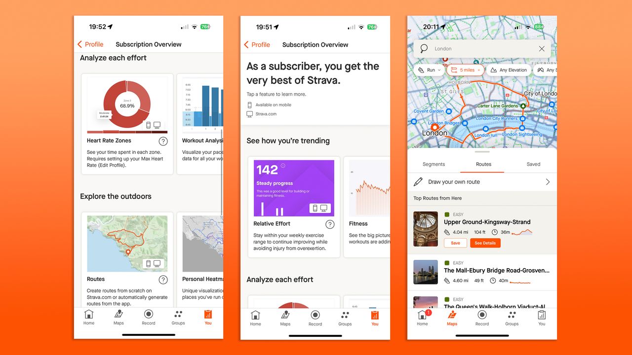 Screenshots from the Strava app