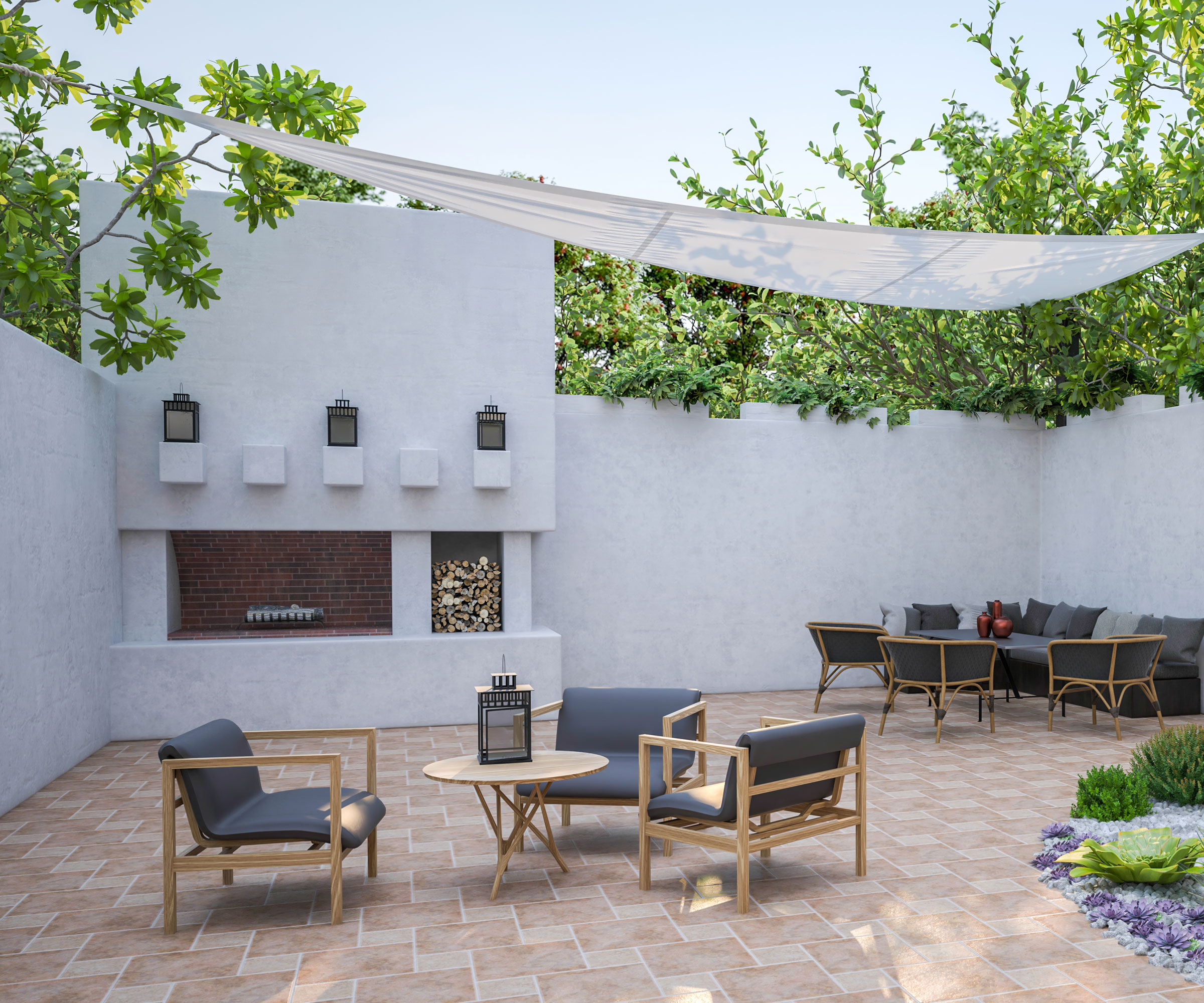 courtyard garden with high walls, outdoor fireplance, shade sail, multiple lanterns, garden furniture and flowerbed planted with succulents