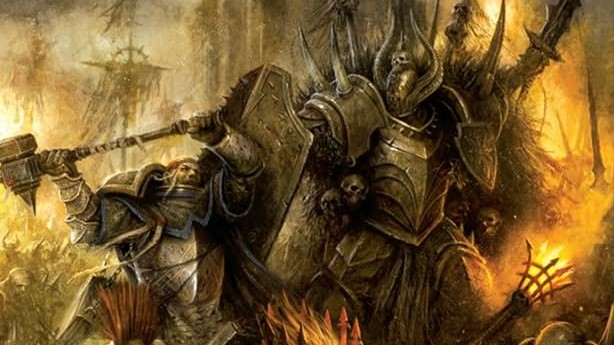 A warrior priest fighting a chaos warrior in Warhammer Fantasy Roleplay 3rd edition.