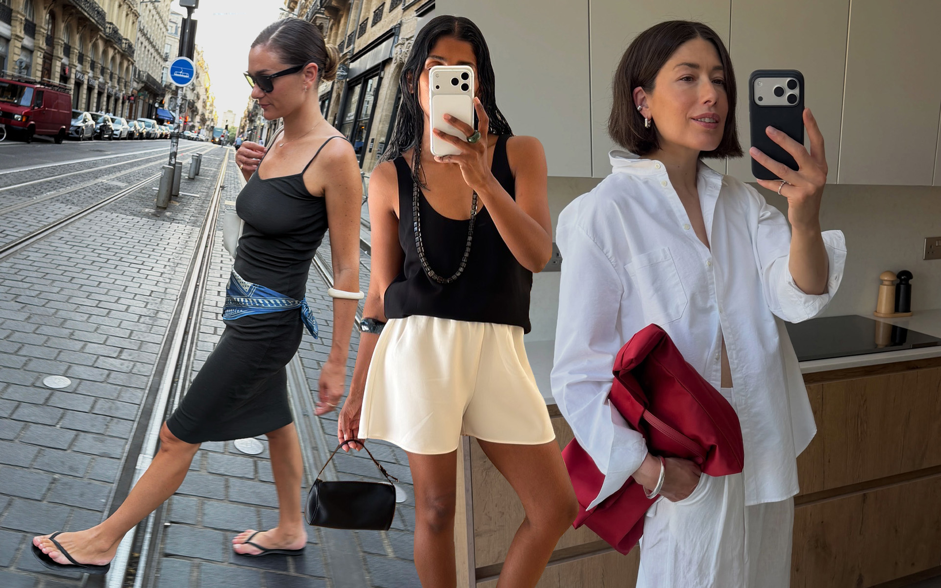 Collage of @annelauremais, @monikh, and @lucyalston_ wearing casual summer outfits.
