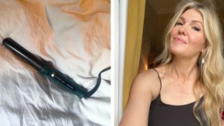 An image of the Cloud Nine curling wand on a pink bedspread next to an image of beauty editor Fiona McKim having tested the wand on her long blonde hair