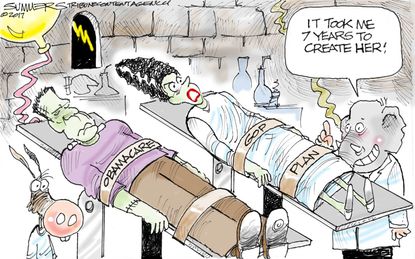 Political cartoon U.S. GOP health-care bill Obamacare Frankenstein