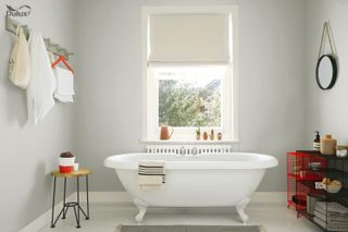 Dulux Easycare Bathroom Deep Fossil used in a white minimal bathroom with freestanding bath