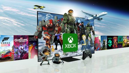 Xbox Game Pass promotional material featuring several Microsoft-owned characters - including Master Chief, Vault Boy, Doom Slayer, and a Minecraft golem bursting through a smart TV screen.