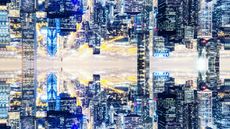 Image manipulation of the Chicago skyline with mirror effect, creating a new dimension with the city connecting upside down by the skyscrapers.