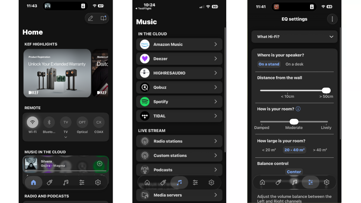 Screenshots of KEF control app on iPhone