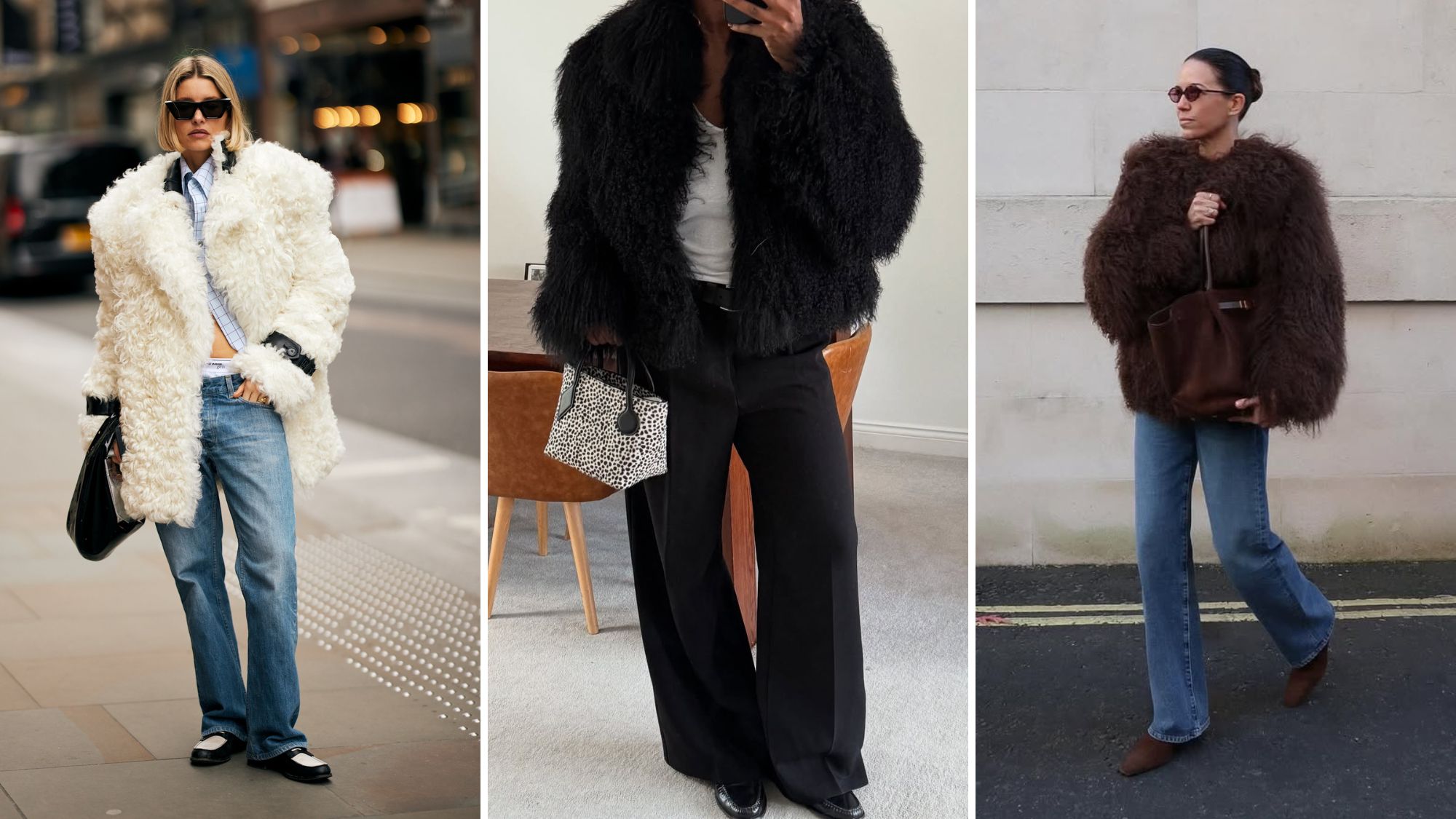 three women wearing mongolian shearling coats