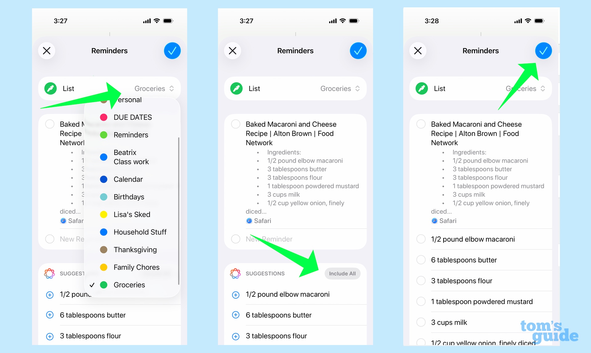 Finalizing a grocery list for reminders based on safari recipe