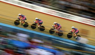 The USA team compete in the Women's Team Pursuit during Day Three of the UCI Track Cycling World Championships