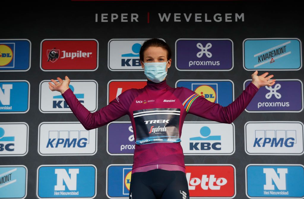 WEVELGEM BELGIUM OCTOBER 11 Podium Elisabeth DeignanArmitstead of The United Kingdom and Team Trek Segafredo UCI Leader Jersey Celebration Mask Covid safety measures during the 9th GentWevelgem In Flanders Fields 2020 Women Elite a 1414km race from Ieper to Wevelgem GentWevelgem FlandersClassic on October 11 2020 in Wevelgem Belgium Photo by Bas CzerwinskiGetty Images
