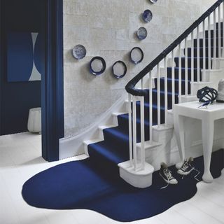 blue colour with water themed stairs and water cascading