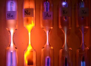 Tubes with inert gases emit a different color and intensity light when excited with high voltage. From left to right: helium, neon, argon, krypton and xenon.