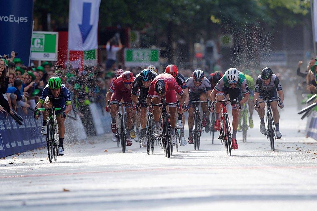 HAMBURG GERMANY AUGUST 21 Winner Caleb Ewan sprints with later set back Nacer Bouhanni for the victory at Euroeyes Cyclassics Hamburg on August 21 2016 in Hamburg Germany Photo by Petko BeierGetty Images for Ironman