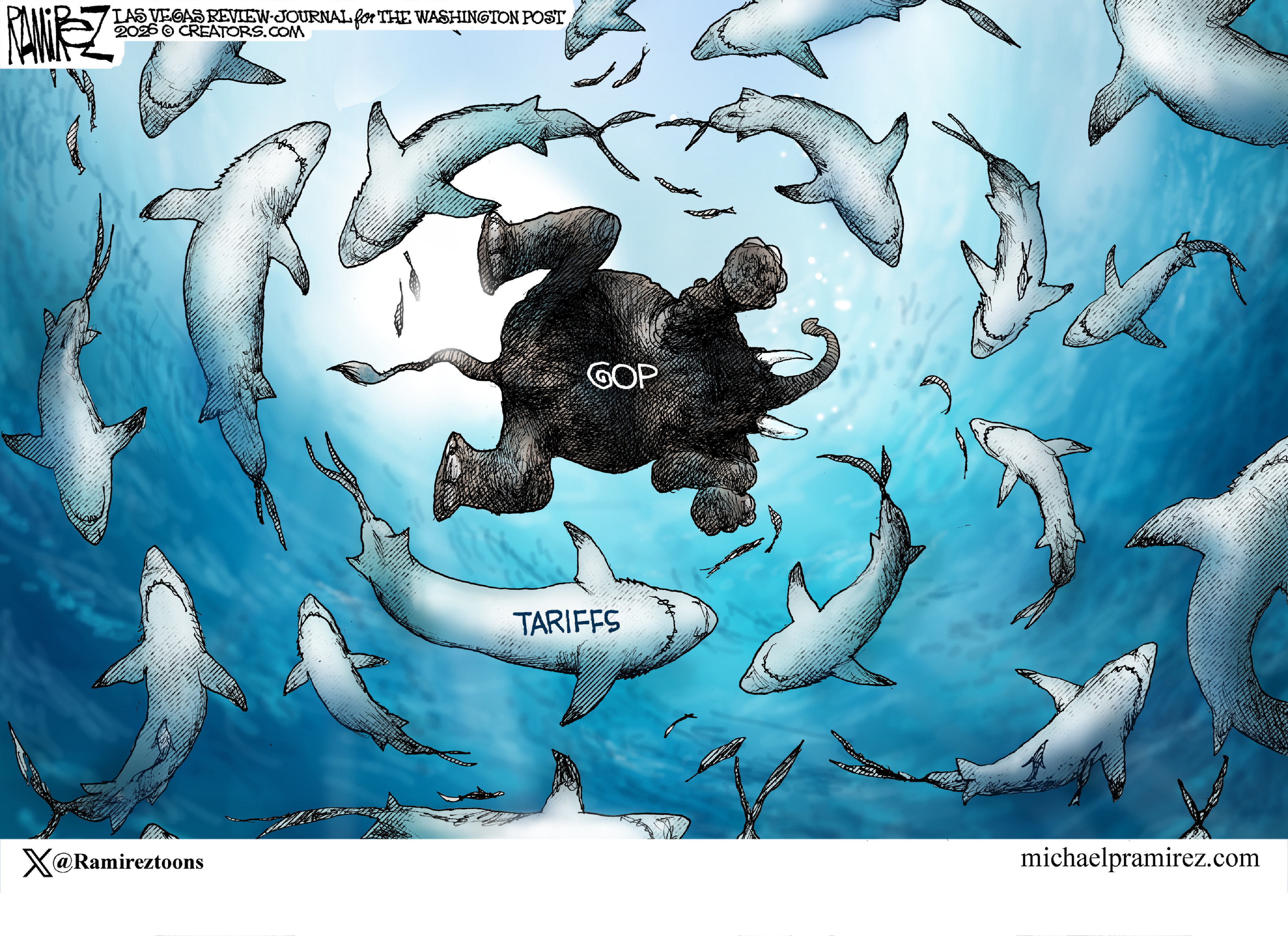 This cartoon takes place underwater. The reader is at the bottom and looks up to see a GOP elephant being swimming as it is surrounded by dozens of circling sharks with sharp teeth and the label &amp;ldquo;Tariffs&amp;rdquo;.