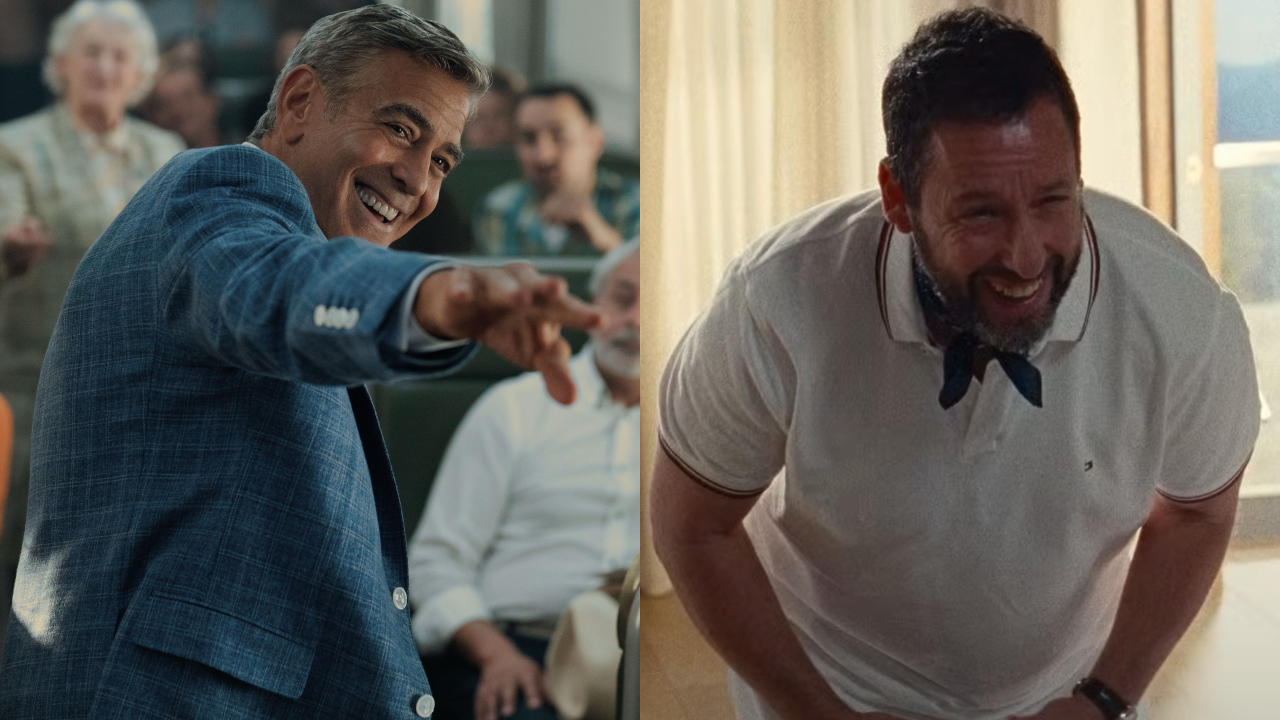 George Clooney pictured pointing and laughing, next to Adam Sandler doubled over in laughter, from Jay Kelly. 