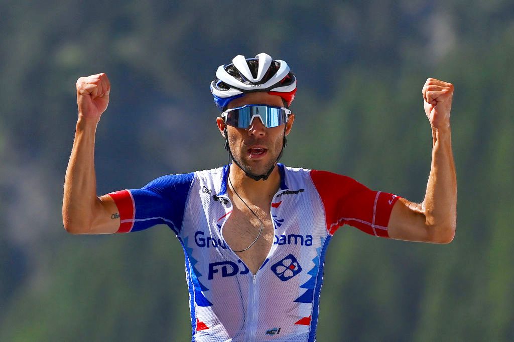 MALBUM, SWITZERLAND - JUNE 18: Thibaut Pinot of France and Team Groupama - FDJ celebrates winning during the 85th Tour de Suisse 2022 - Stage 7 a 194,6km stage from Ambri to Malbun 1560m / #tourdesuisse2022 / #WorldTour / on June 18, 2022 in Malbun, Switzerland. (Photo by Tim de Waele/Getty Images)