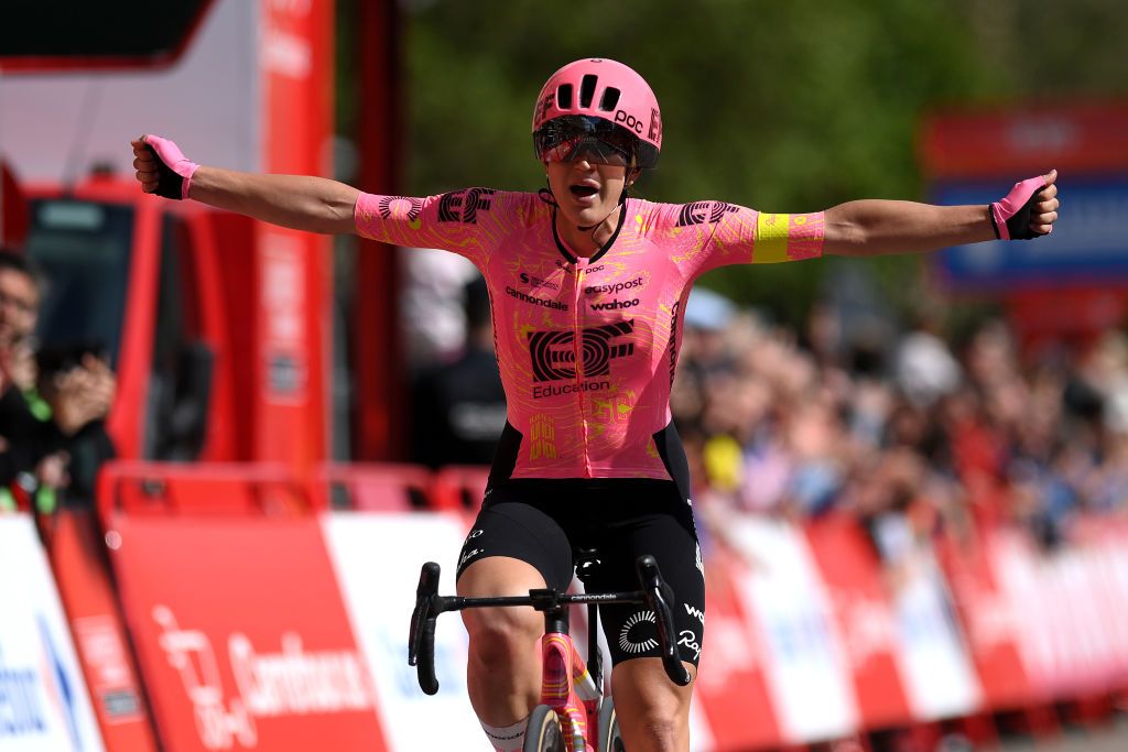 ZARAGOZA SPAIN MAY 01 Kristen Faulkner of The United States and Team EF EducationCannondale celebrates at finish line as stage winner during the 10th La Vuelta Femenina 2024 Stage 4 a 1423km stage from Molina de Aragon to Zaragoza UCIWWT on May 01 2024 in Zaragoza Spain Photo by Alex BroadwayGetty Images