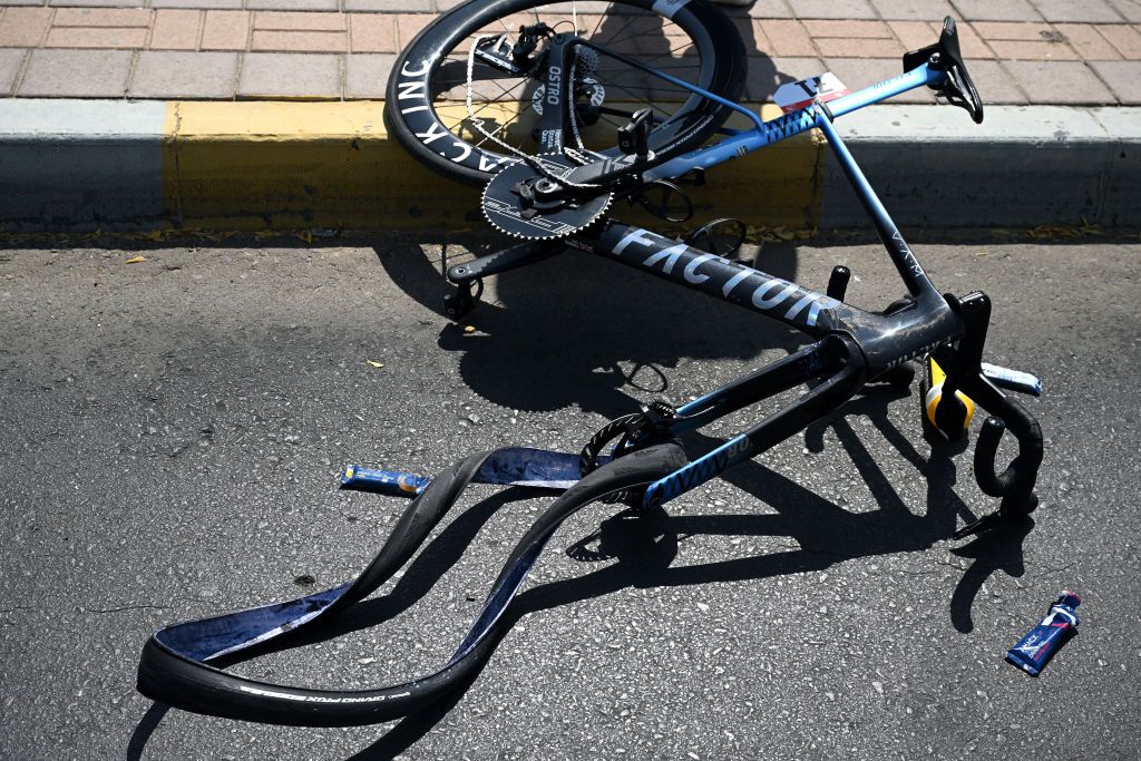 JEBEL HAFEET UNITED ARAB EMIRATES FEBRUARY 23 Detail view of the Factor Bike of Chris Froome of The United Kingdom and Team Israel Premier Tech after being involved in a crash during the 7th UAE Tour Stage 7 a 176km stage from Al Ain Hazza Bin Zayed Stadium to Jebel Hafeet 1031m UCIWWT on February 23 2025 in Jebel Hafeet United Arab Emirates Photo by Dario BelingheriGetty Images