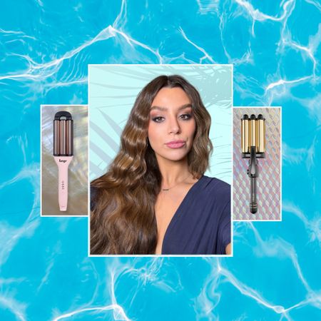a girl with wavy hair framed against a water background next to two hair wavers, fish scales, and seashells