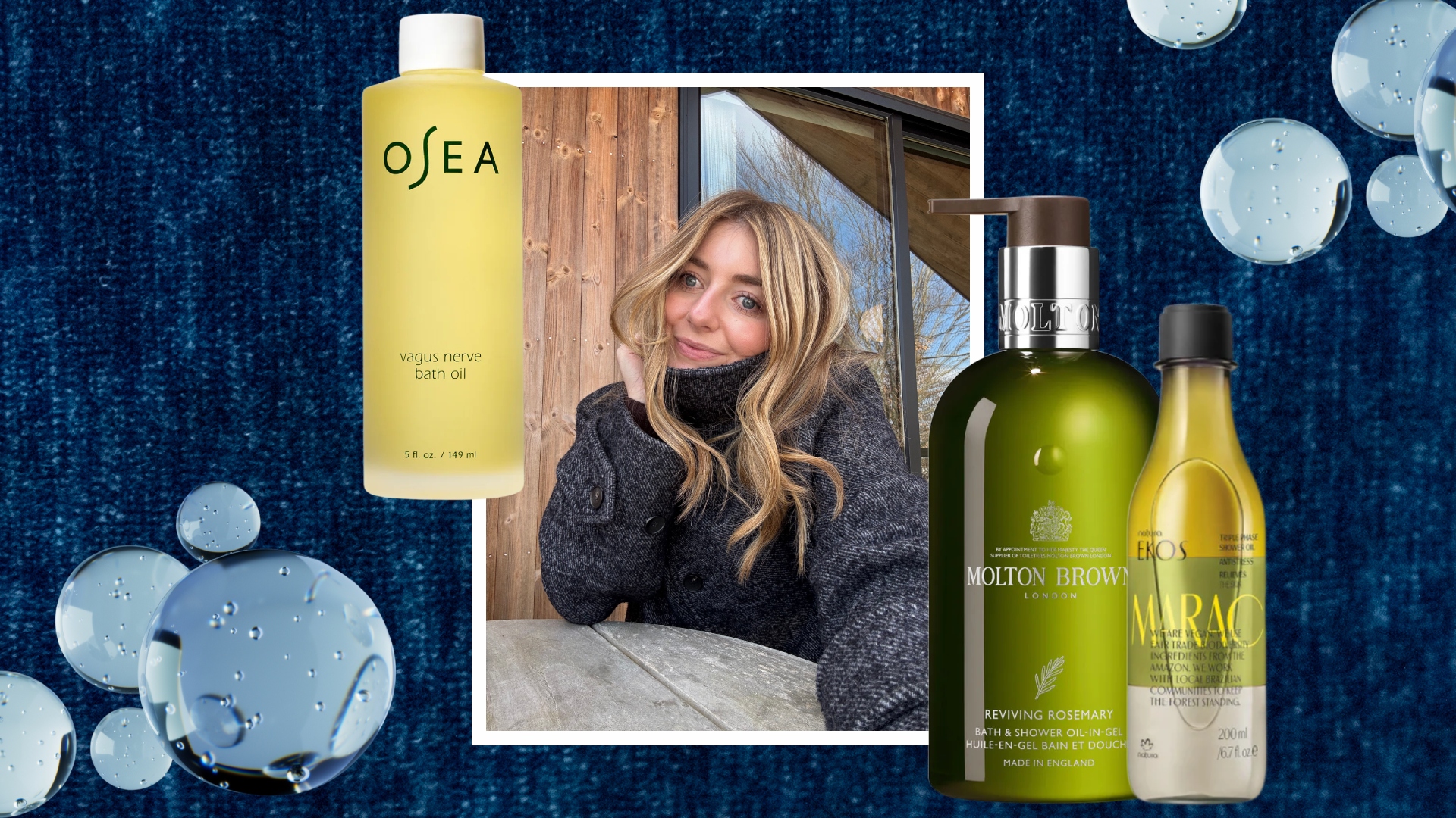 samantha holender on a navy background surrounded by shower oils