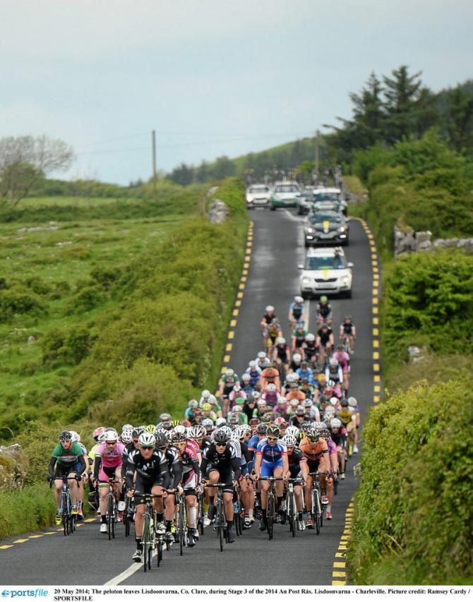 The peloton leaves Lisdoonvarna, Co. Clare