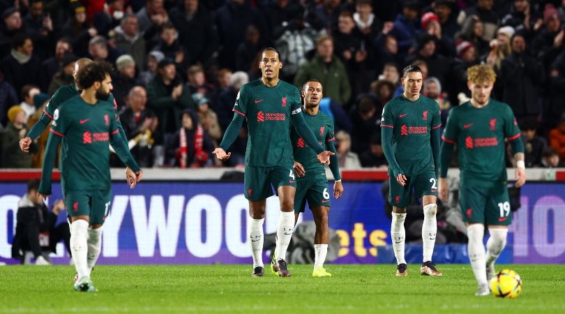 Liverpool players looking dejected after conceding in their 3-1 defeat to Brentford in the Premier League.