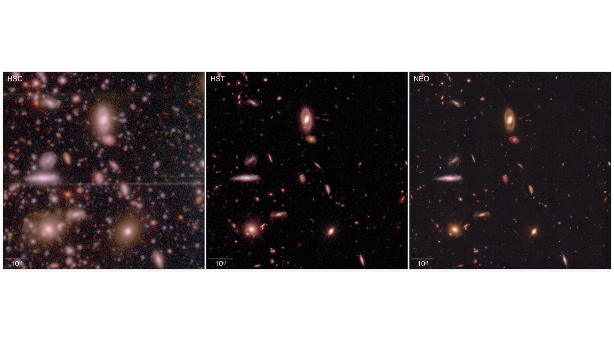 panel of three deep-space images showing lots of distant, small galaxies