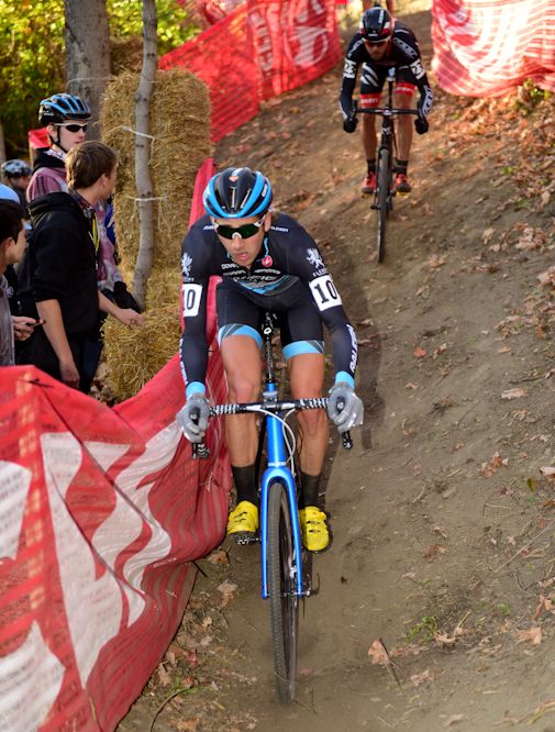Jamey Driscoll (Raleigh Clement) riding a fast off-camber descent at Devou Park