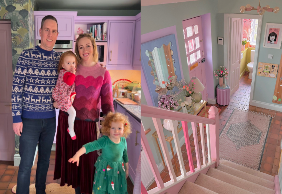 Family stood in front of newly &#039;barbie&#039; renovated house