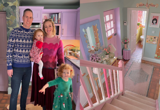 Family stood in front of newly 'barbie' renovated house