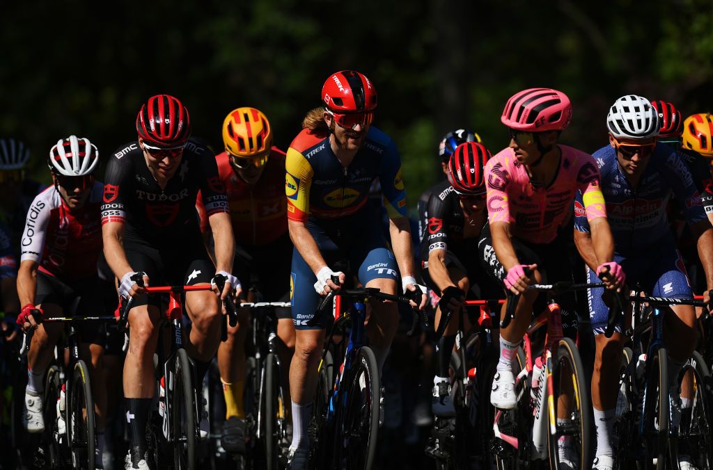 MONTREAL QUEBEC SEPTEMBER 15 LR Alexander Kamp of Denmark and Tudor Pro Cycling Team Quinn Simmons of The United States and Team Lidl Trek and Gianni Vermeersch of Belgium and Team Alpecin Deceuninck compete during the 13th Grand Prix Cycliste de Montreal 2024 a 2091km one day race from Montreal to Montreal UCIWT on September 15 2024 in Montreal Quebec Photo by Alex BroadwayGetty Images