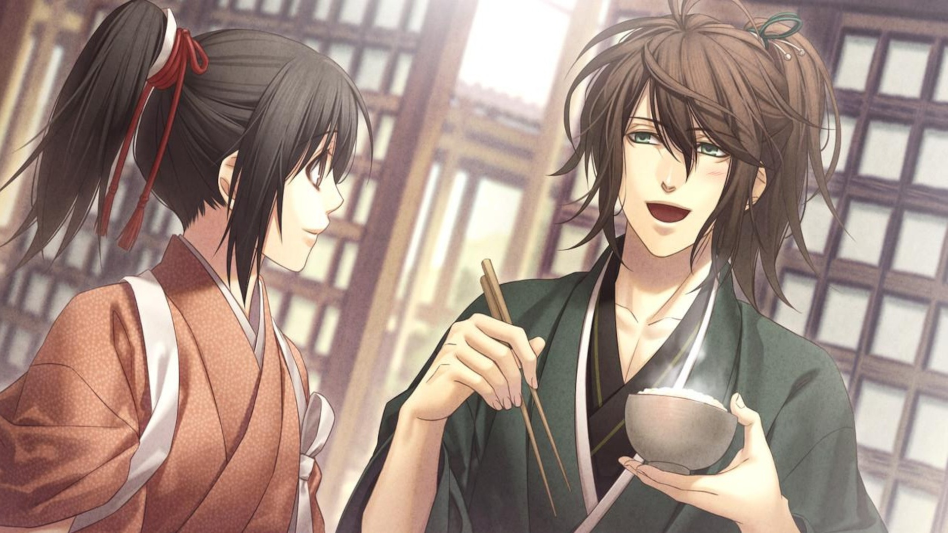 The protagonist with Hachiro Iba who holds a bowl of rice in Hakuoki Memoirs: Drifting Clouds