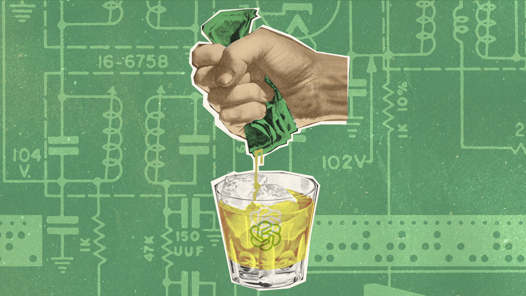 Illustrative collage of a hand squeezing liquid out of a bundle of cash into a juice glass. There are circuitry schematics in the background and the OpenAI logo is visible on the glass.