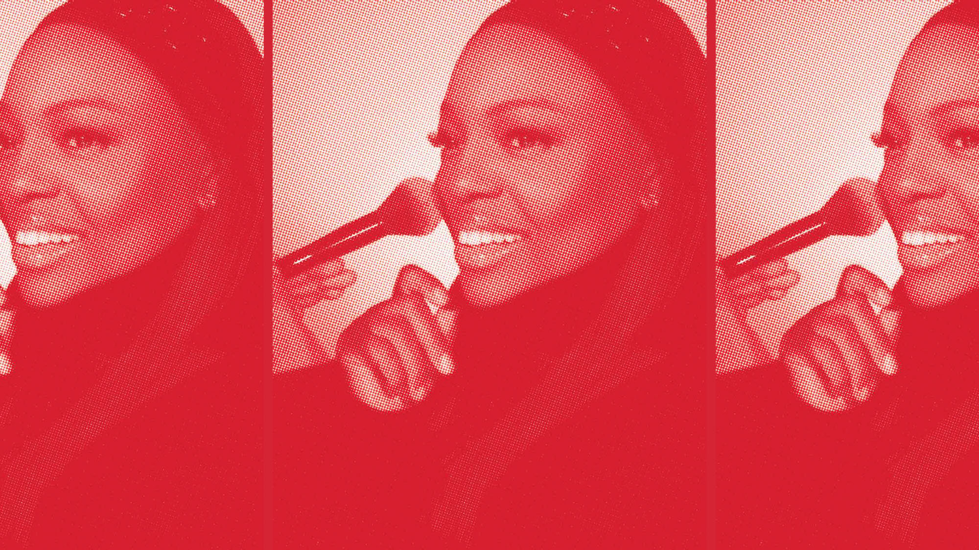 Headshot of Pat McGrath on a red background.