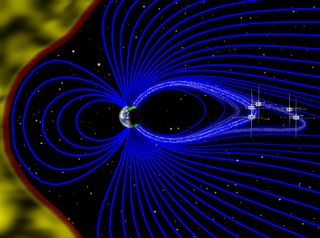 This artist's illustration (not to scale) shows a cross section of Earth's magnetosphere (the protective shell created by the planet's magnetic field). The magnetic-field lines are in blue, and the solar wind is in yellow.