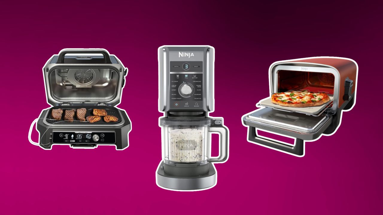 Three Ninja products - a black outdoor BBQ, a CREAMi ice cream maker, and a dark red outdoor pizza oven, on a dark purple and black background