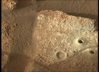 NASA's Mars rover Perseverance captured this photo of the recently drilled rock known as Issole using its Mastcam-Z camera system on Jan. 29, 2022.