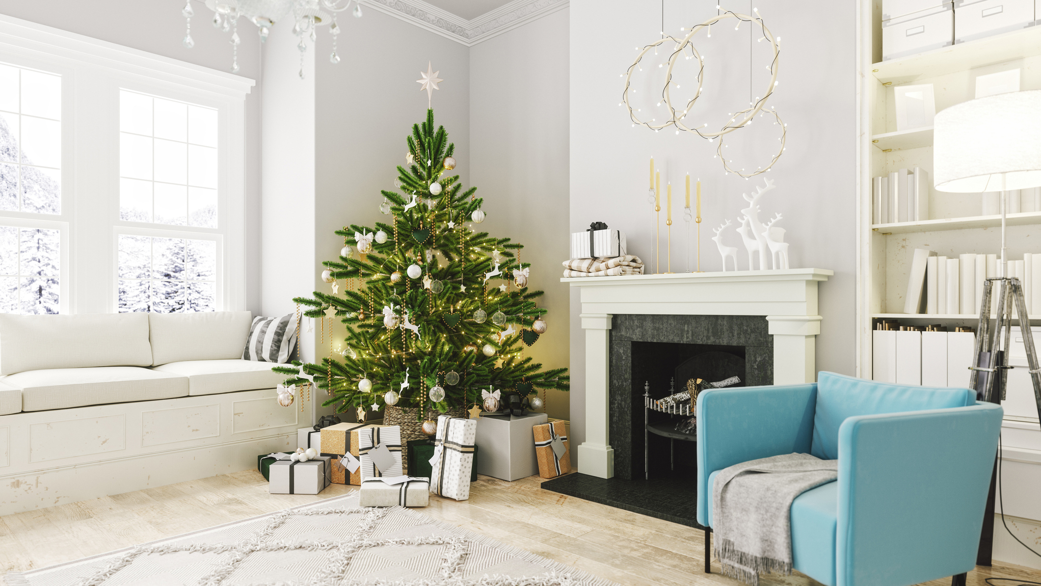 modern white and black living room full of Christmas decorating ideas