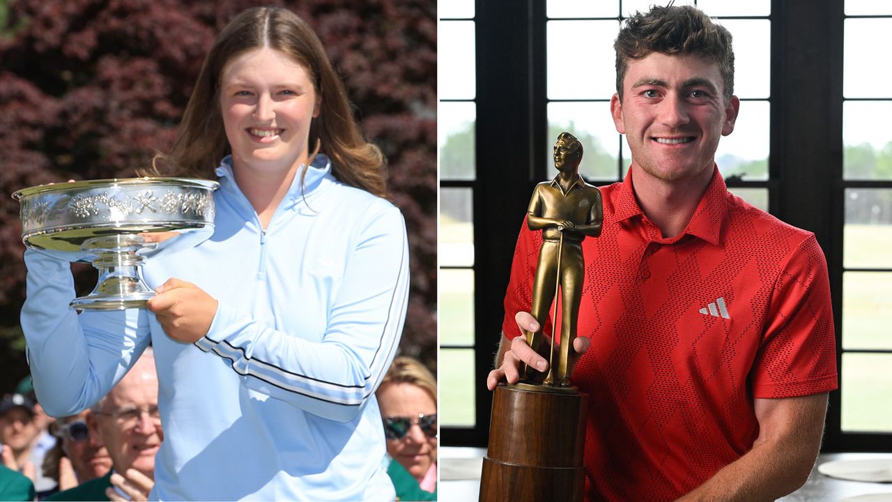 Lottie Woad holds the Augusta National Women&#039;s Amateur trophy, Nick Dunlap holds the PGA Tour Rookie of the Year trophy