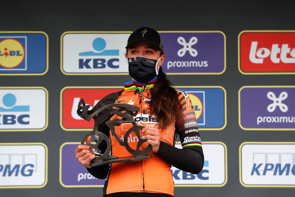 OUDENAARDE BELGIUM OCTOBER 18 Podium Chantal Van Den Broek Blaak of The Netherlands and Boels Dolmans Cycling Team Celebration Trophy during the 17th Tour of Flanders 2020 Ronde van Vlaanderen Women Elite a 1356km stage from Oudenaarde to Oudenaarde RVV20 FlandersClassic on October 18 2020 in Oudenaarde Belgium Photo by Bas CzerwinskiGetty Images