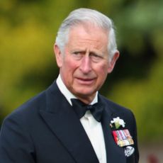 Prince Harry wears a suit with military medals and points while dad King Charles looks on while wearing a tuxedo