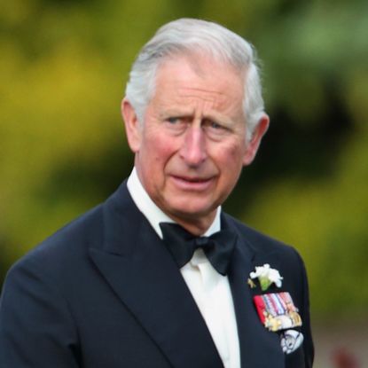 Prince Harry wears a suit with military medals and points while dad King Charles looks on while wearing a tuxedo