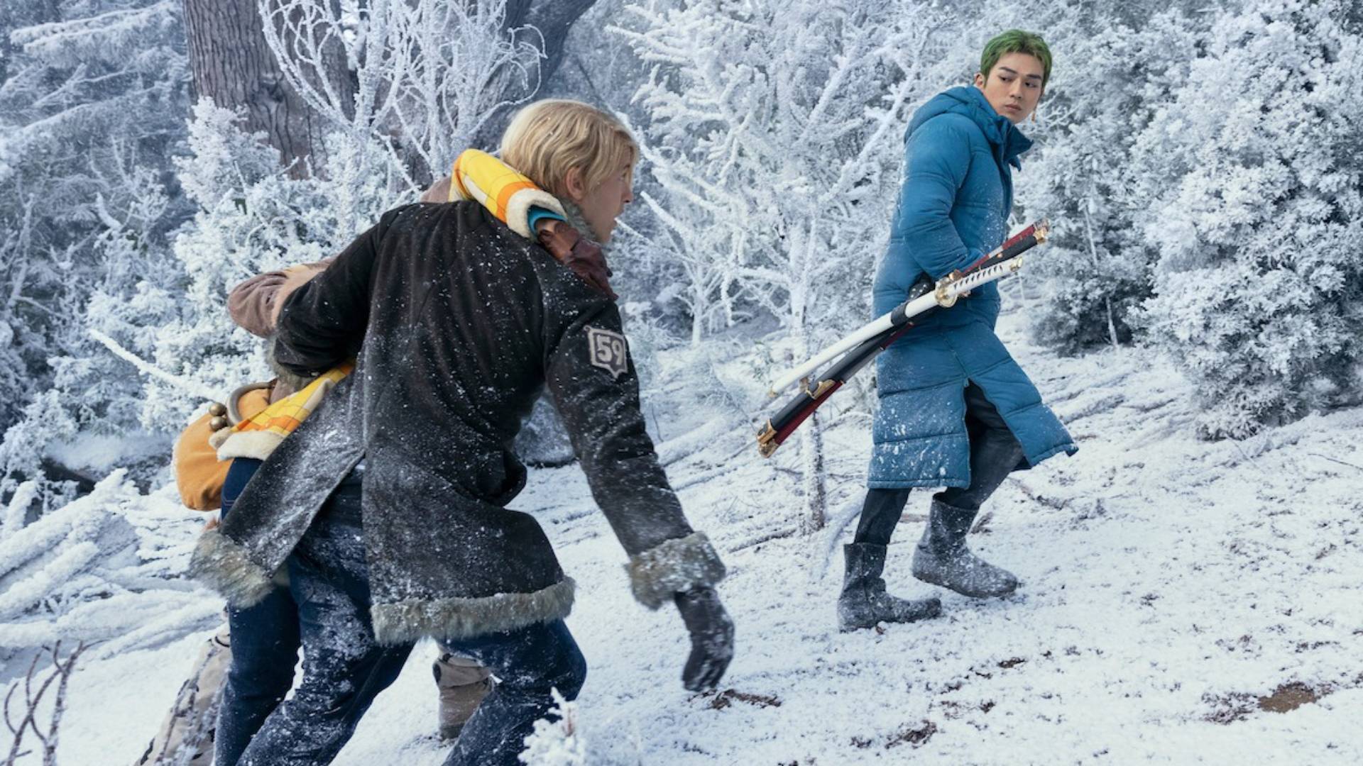 Jacob Romero Gibson as Usopp, Taz Skylar as Sanji, and Mackenyu as Zoro in One Piece season 2