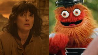 Winona Ryder as Joyce in Stranger Things' series finale and Gritty in the Philadelphia Flyer's 5k race promo