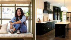 Joanna Gaines sitting in a window seat / dark green kitchen