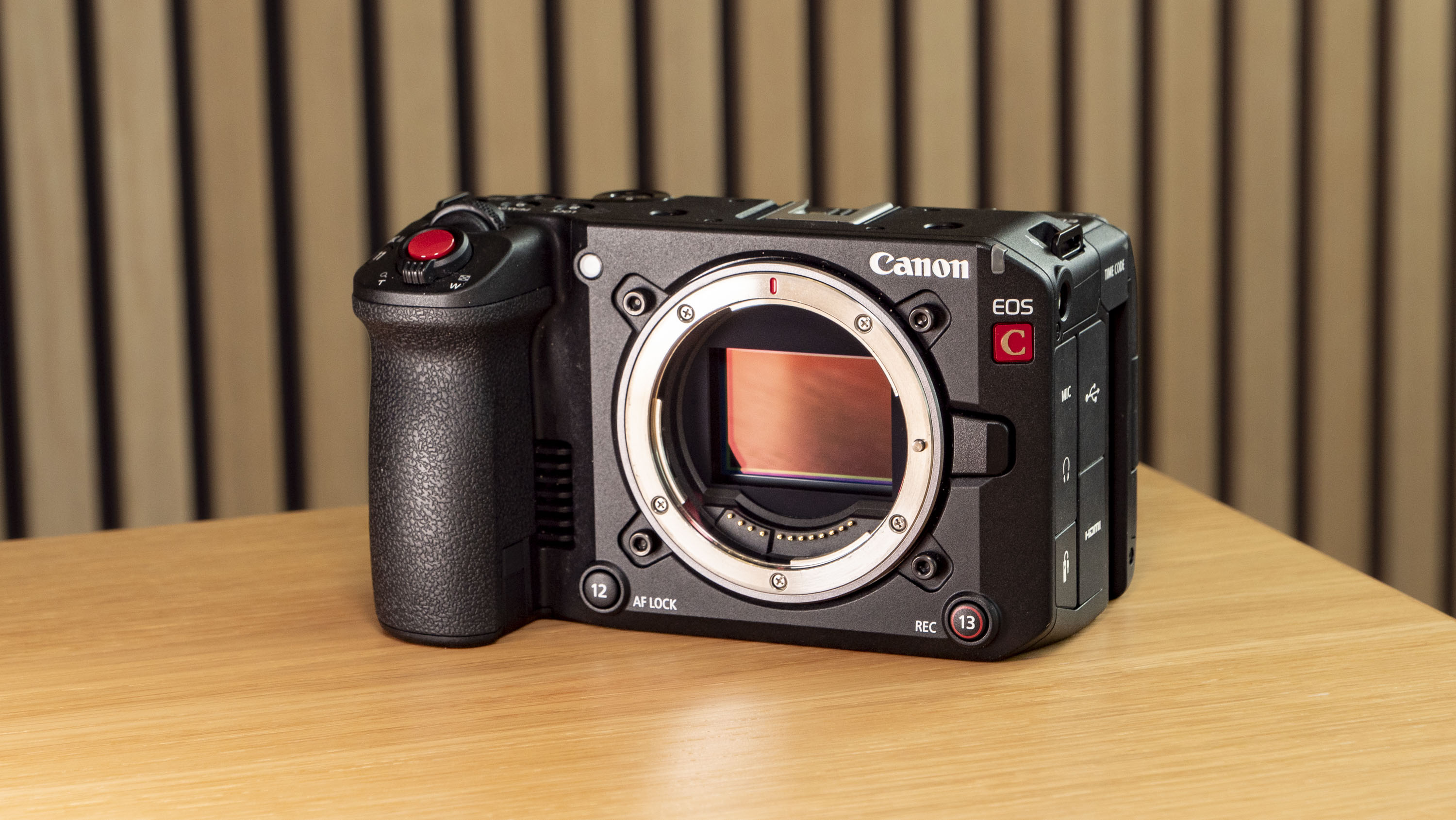 Canon EOS C50 on a wooden surface, no lens attached