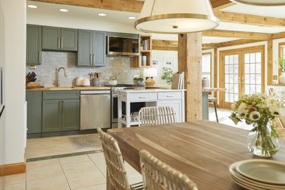 A dining room decorating in soft colors and organic materials