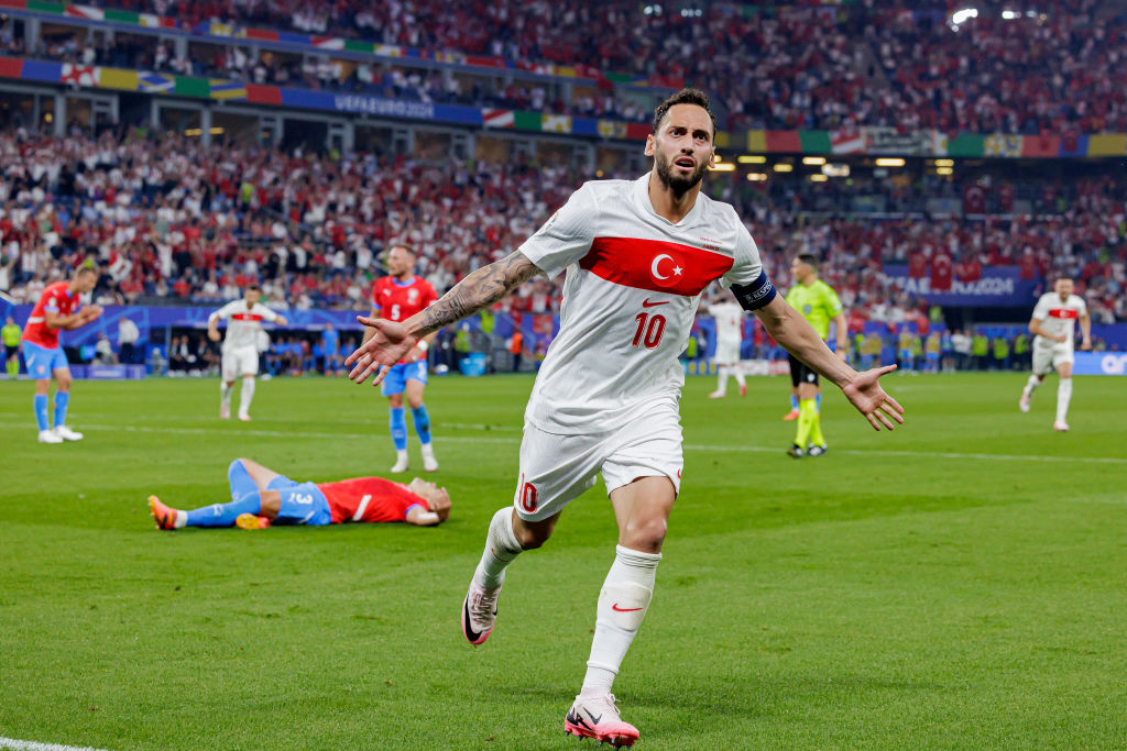 Turkey Euro 2024 squad Hakan Calhanoglu of Turkey celebrates his goal 0-1 during the EURO match between Czech Republic v Turkey at the Volksparkstadium on June 26, 2024 in Hamburg Germany (Photo by Rico Brouwer/Soccrates/Getty Images)