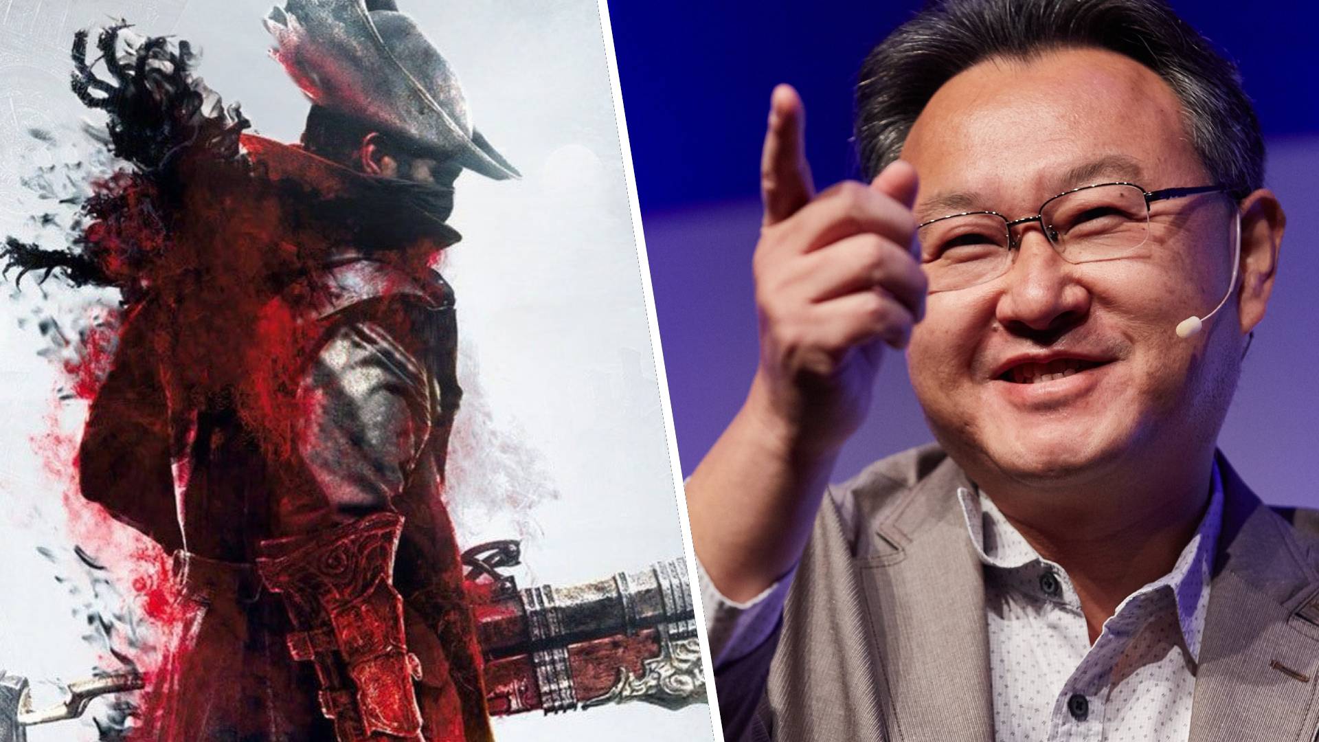 Left: Bloodborne Key art of hunter in side profile. Right: Shuhei Yoshida speaks on a conference stage.