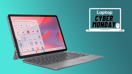 Lenovo Chromebook Duet 11 Gen 9 on a gradient blue background with a Cyber Monday deals badge